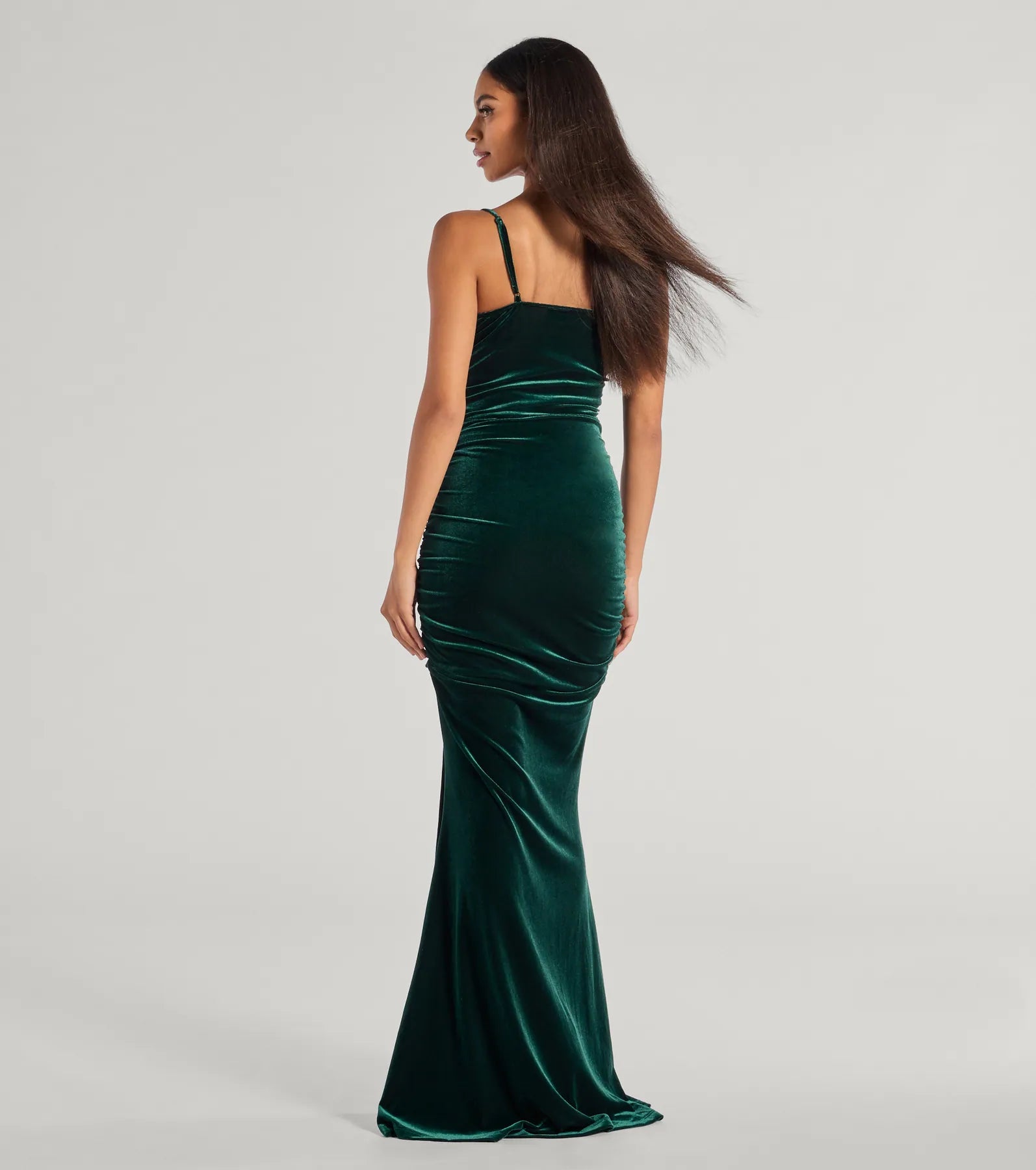 Alondra Ruched Velvet Front Slit Mermaid Dress